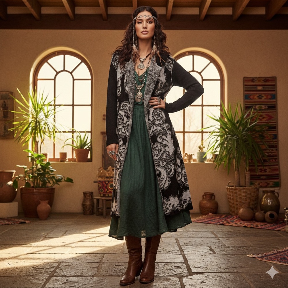Free People “After the Storm” Black Brocade Knit Hooded Cardigan M Wool Blend